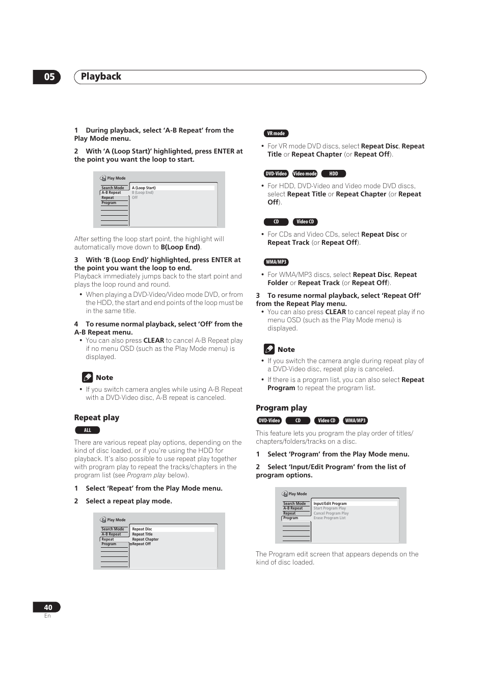 Playback 05, Repeat play, Program play | Pioneer DVR-520H User Manual | Page 40 / 126