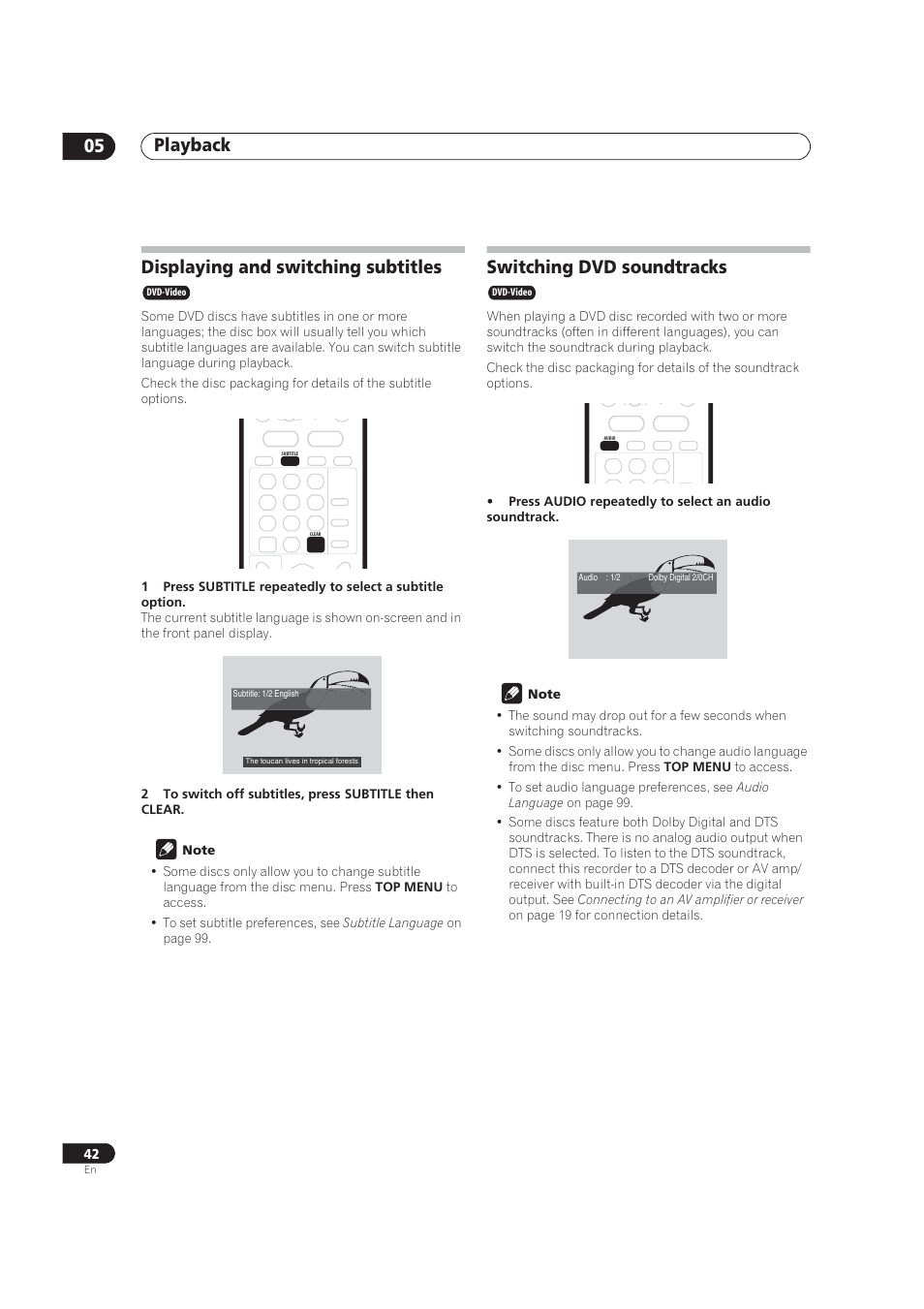 Displaying & switching subtitles, Switching dvd soundtracks, Playback 05 | Displaying and switching subtitles | Pioneer DVR-520H User Manual | Page 42 / 126