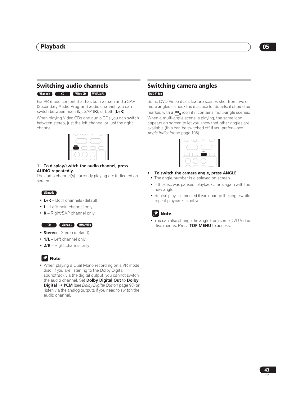 Switching audio channels, Switching camera angles, Playback 05 | Pioneer DVR-520H User Manual | Page 43 / 126