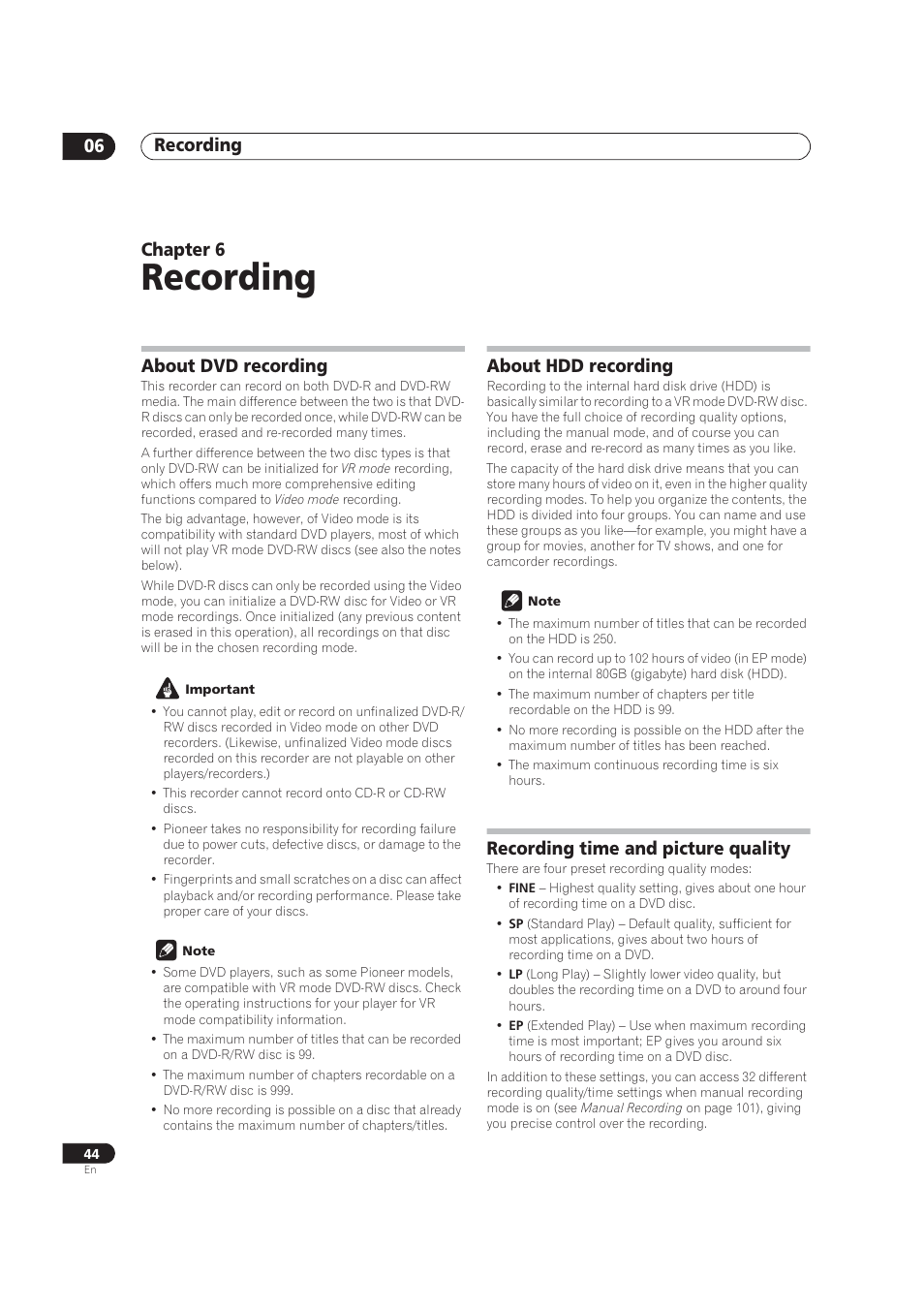 Recording, About dvd recording, About hdd recording | Recording time & picture quality, Recording 06, Chapter 6, Recording time and picture quality | Pioneer DVR-520H User Manual | Page 44 / 126
