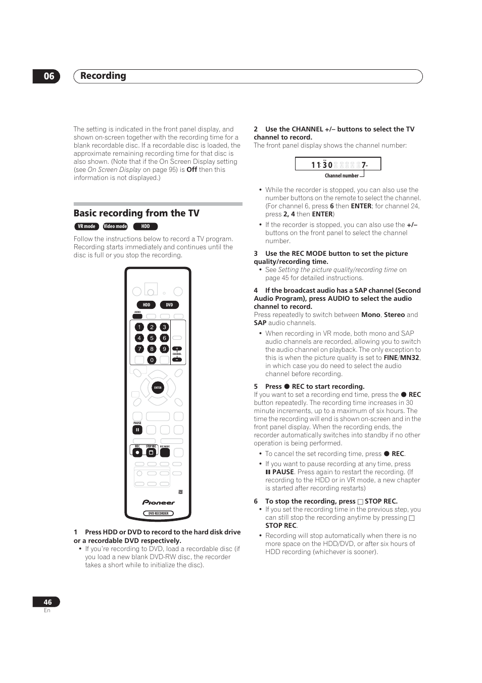 Basic recording from the tv, Recording 06 | Pioneer DVR-520H User Manual | Page 46 / 126