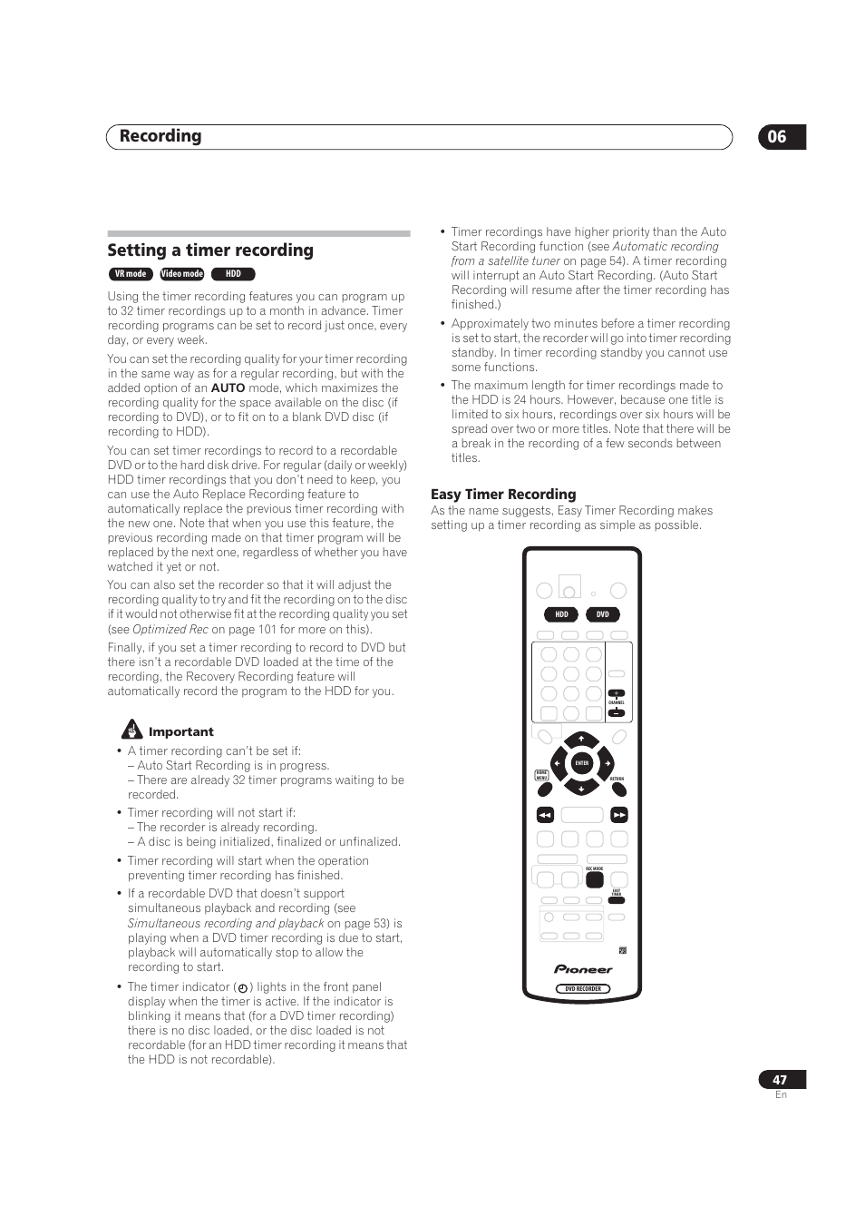 Setting a timer recording, Recording 06, Easy timer recording | Pioneer DVR-520H User Manual | Page 47 / 126