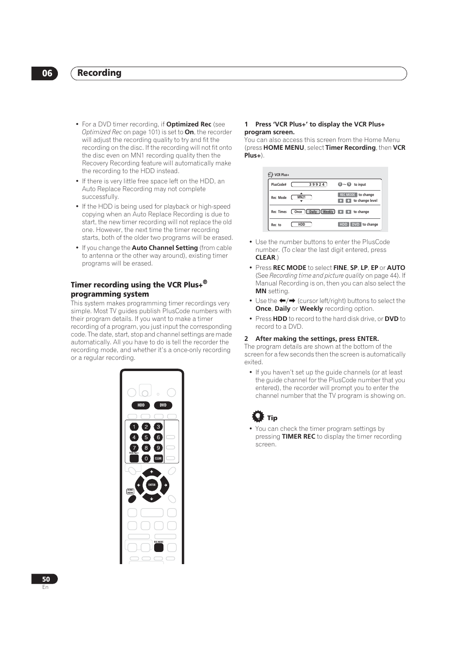 Recording 06, Timer recording using the vcr plus, Programming system | Pioneer DVR-520H User Manual | Page 50 / 126