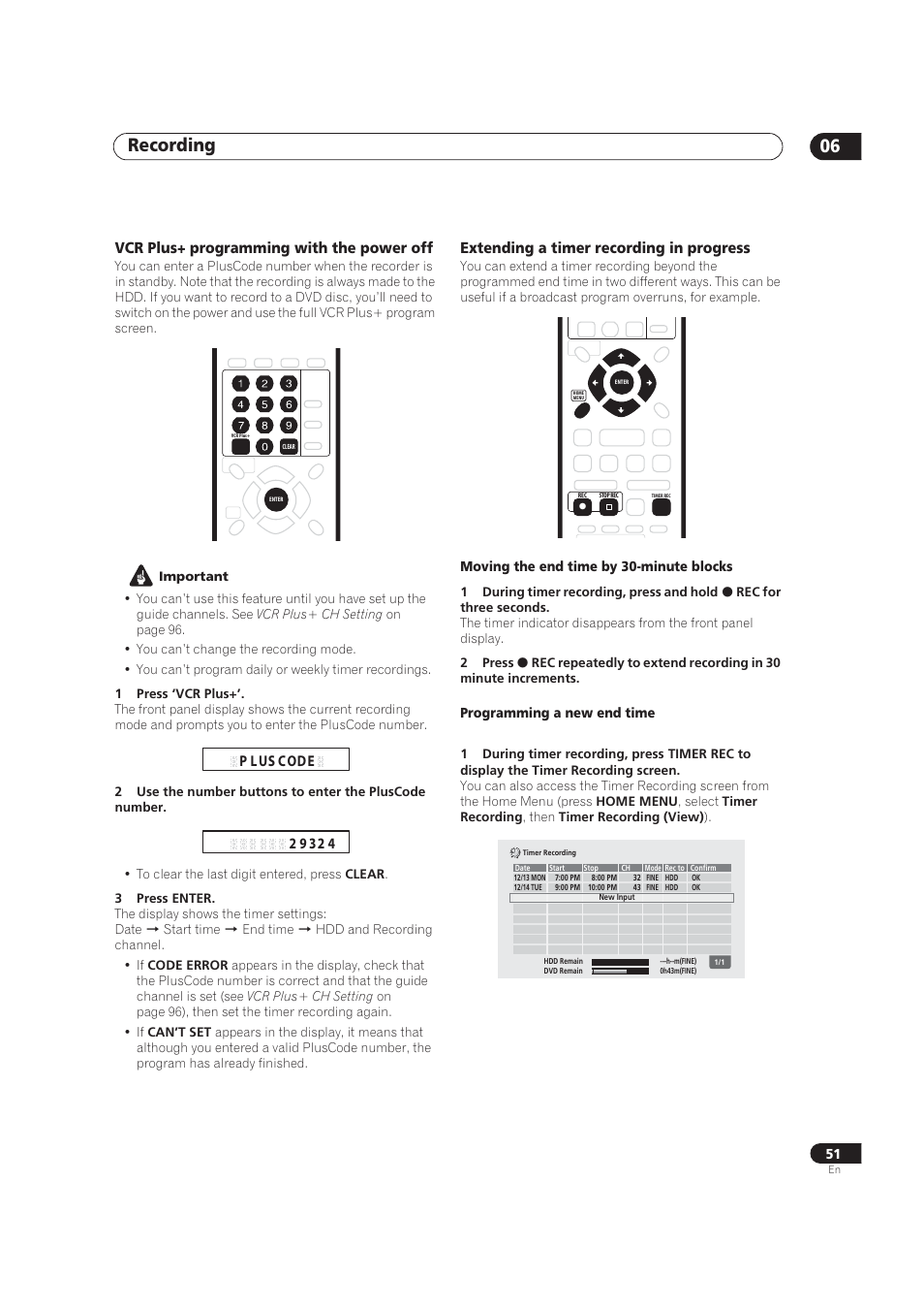 Recording 06, Vcr plus+ programming with the power off, Extending a timer recording in progress | Pioneer DVR-520H User Manual | Page 51 / 126