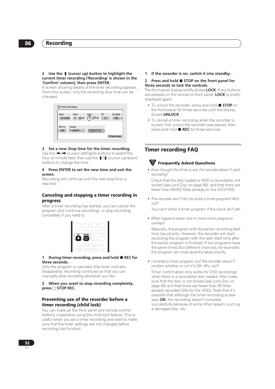 Timer recording faq, Recording 06 | Pioneer DVR-520H User Manual | Page 52 / 126
