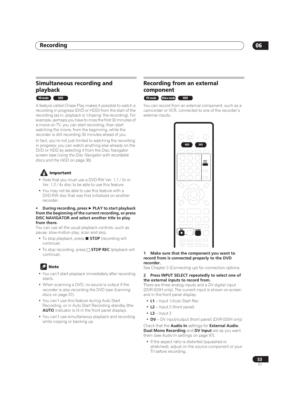 Simultaneous recording & playback, Recording from an external component, Recording 06 | Simultaneous recording and playback | Pioneer DVR-520H User Manual | Page 53 / 126
