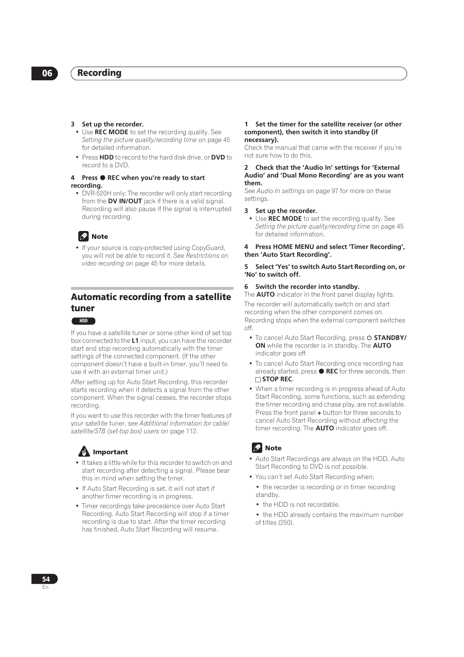Automatic recording from a satellite tuner, Recording 06 | Pioneer DVR-520H User Manual | Page 54 / 126