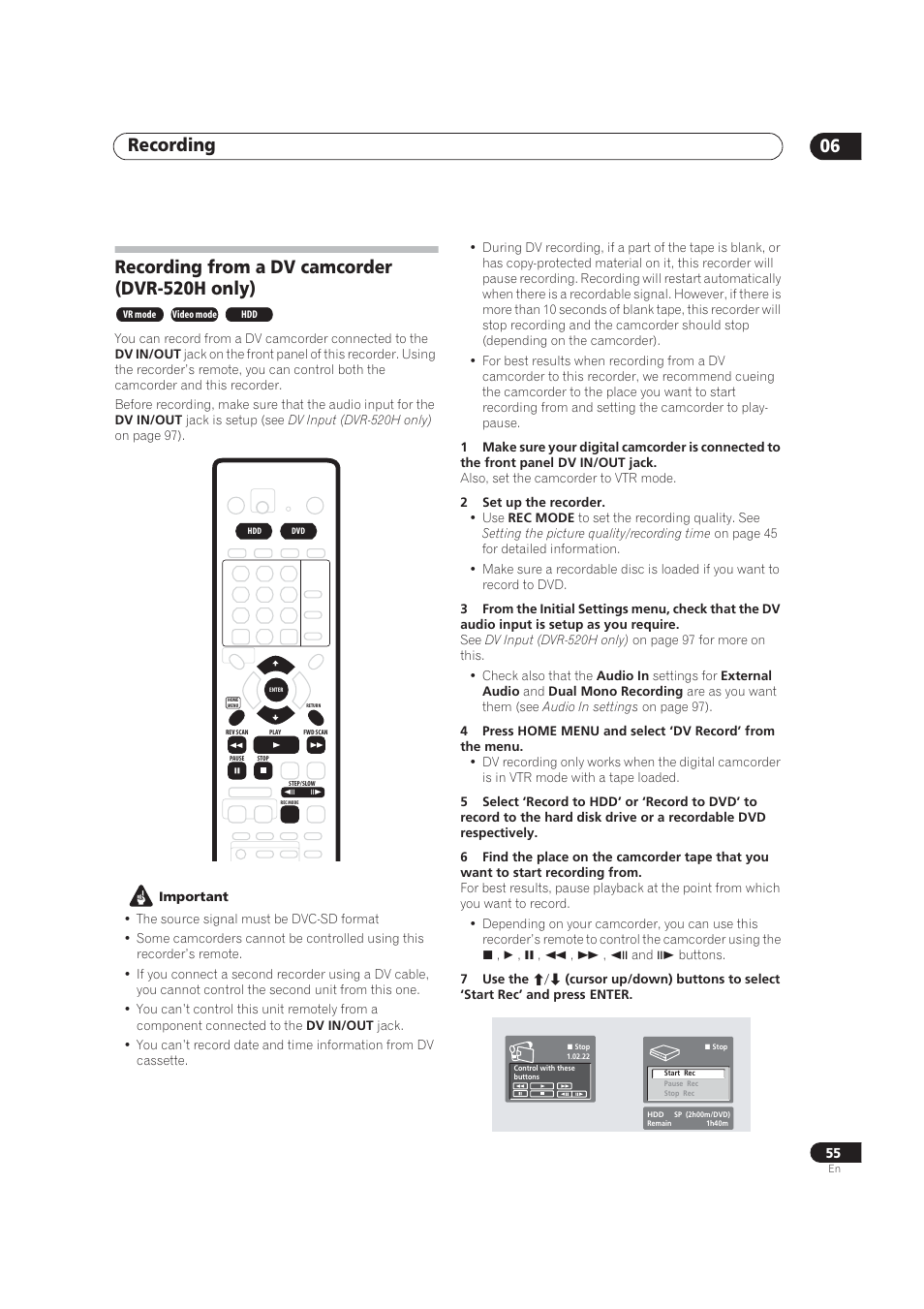 Recording from a dv camcorder, Recording 06, Recording from a dv camcorder (dvr-520h only) | Pioneer DVR-520H User Manual | Page 55 / 126