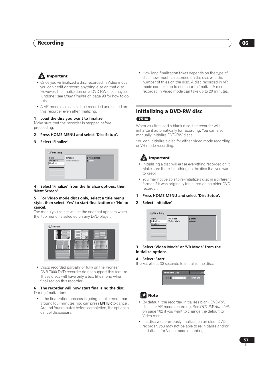 Initializing a dvd-rw disc, Recording 06 | Pioneer DVR-520H User Manual | Page 57 / 126