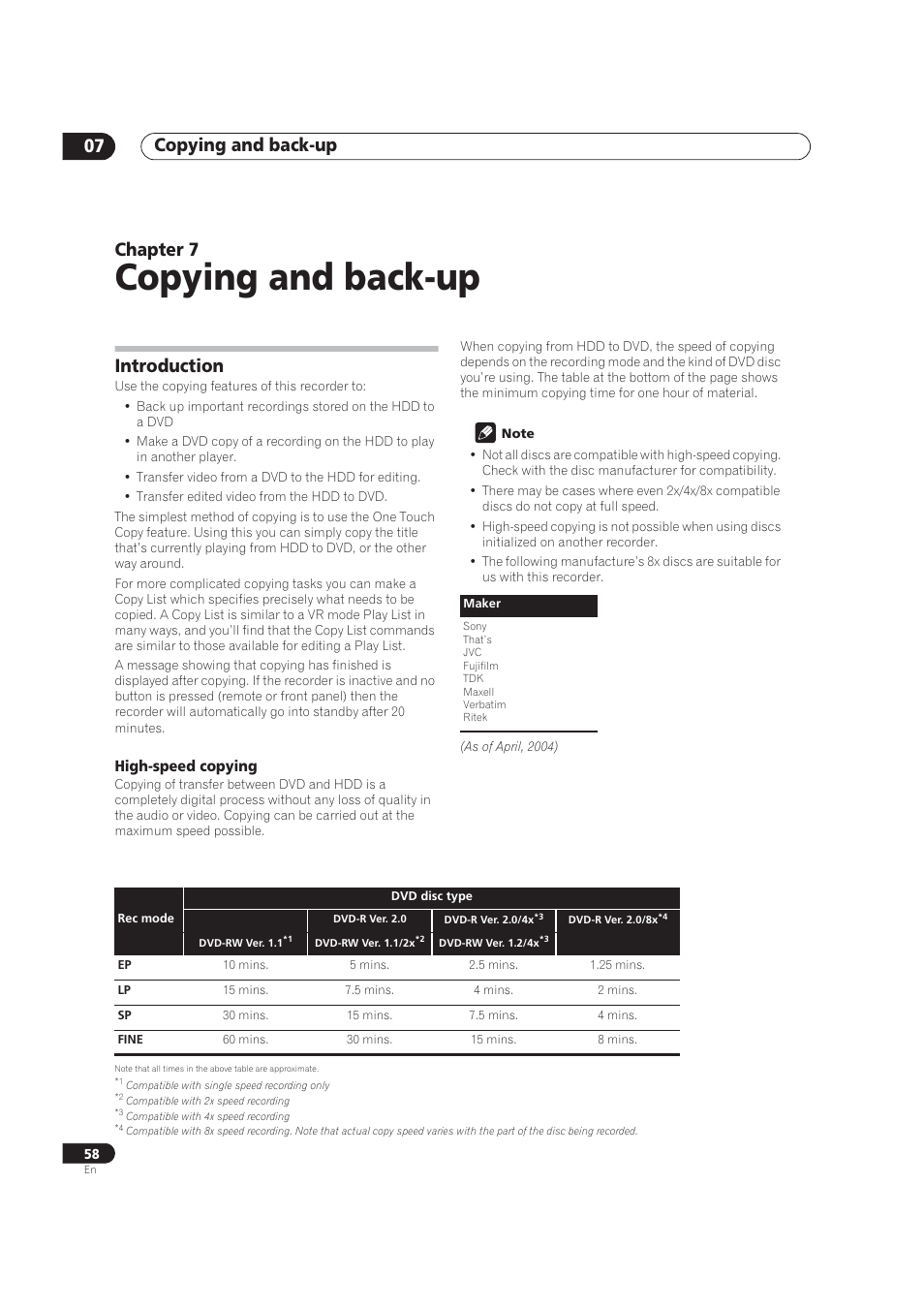 Copying and back-up, Introduction & features, Copying and back-up 07 | Chapter 7, Introduction, High-speed copying | Pioneer DVR-520H User Manual | Page 58 / 126