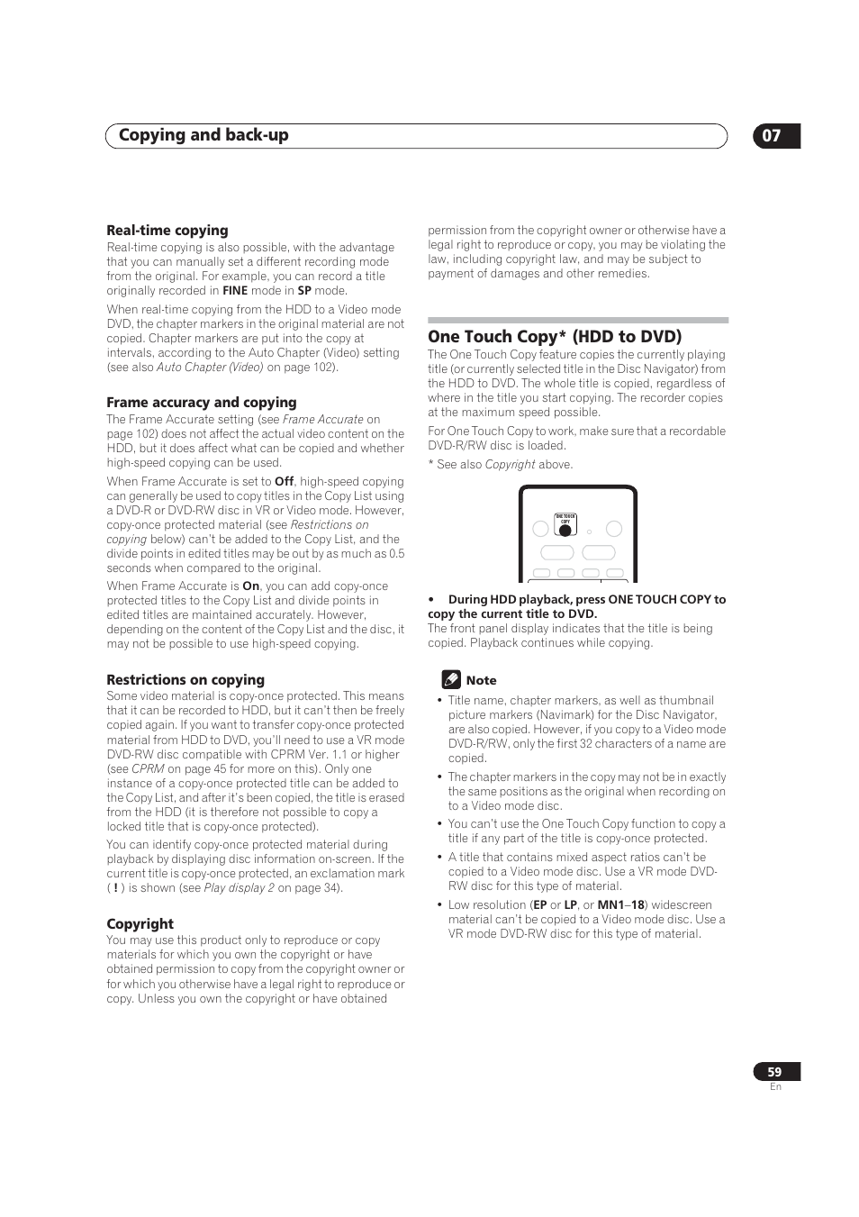 One touch copy - hdd to dvd, Copying and back-up 07, One touch copy* (hdd to dvd) | Pioneer DVR-520H User Manual | Page 59 / 126