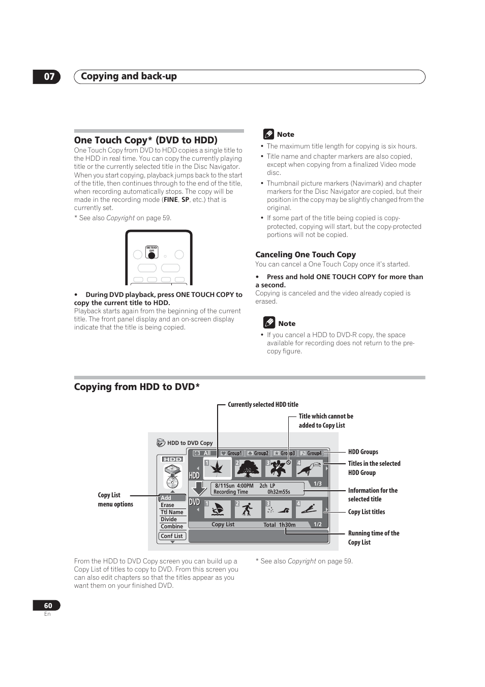 One touch copy - dvd to hdd, Copying from hdd to dvd, Copying and back-up 07 | One touch copy* (dvd to hdd), Dvd hdd hdd | Pioneer DVR-520H User Manual | Page 60 / 126