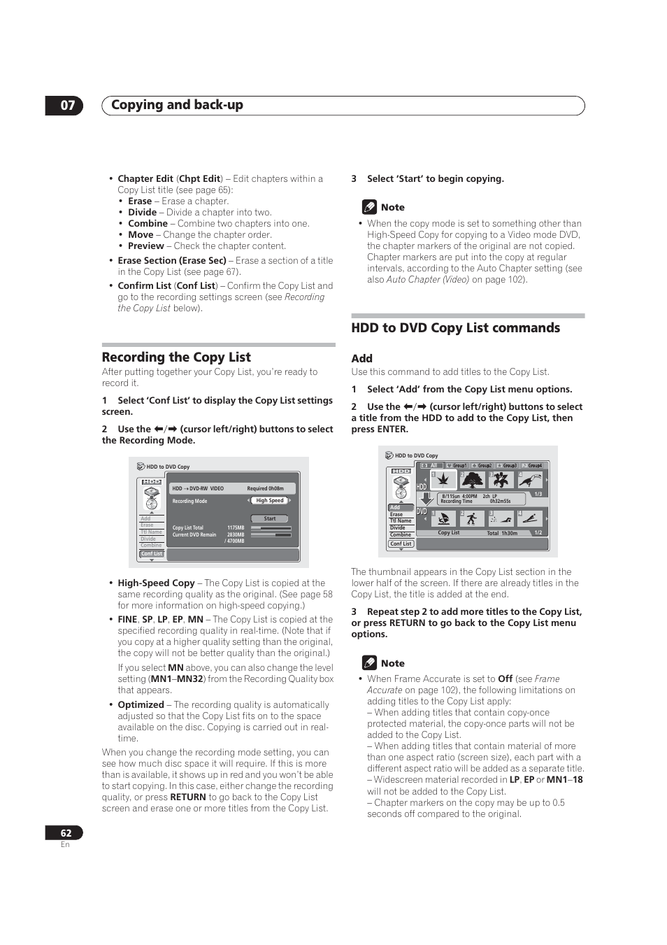 Recording the copy list, Hdd to dvd copy list commands, Copying and back-up 07 | Pioneer DVR-520H User Manual | Page 62 / 126