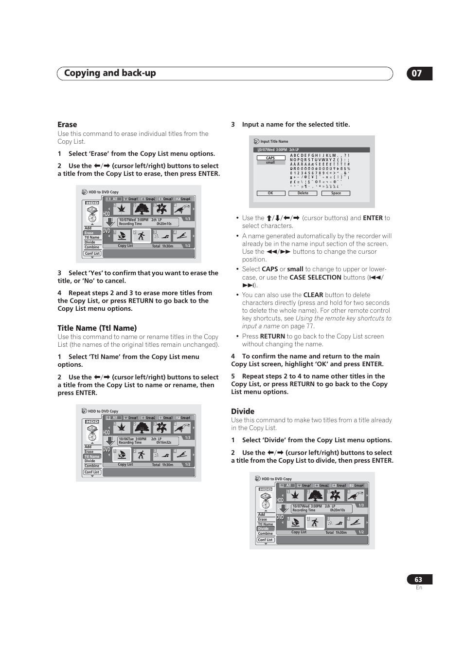 Copying and back-up 07, Erase, Title name (ttl name) | Divide | Pioneer DVR-520H User Manual | Page 63 / 126