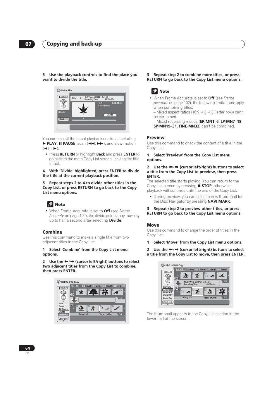 Copying and back-up 07, Combine, Preview | Move | Pioneer DVR-520H User Manual | Page 64 / 126