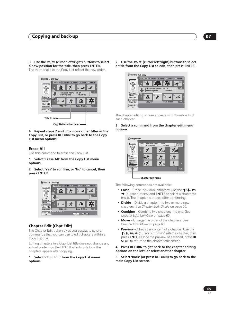 Copying and back-up 07, Erase all, Chapter edit (chpt edit) | Pioneer DVR-520H User Manual | Page 65 / 126