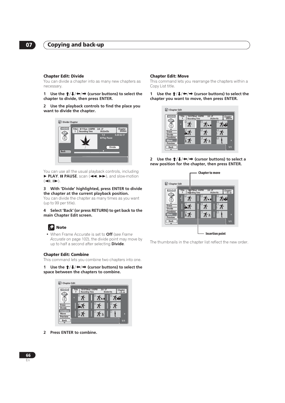 Copying and back-up 07, Chapter edit: divide, Chapter edit: combine | Chapter edit: move | Pioneer DVR-520H User Manual | Page 66 / 126