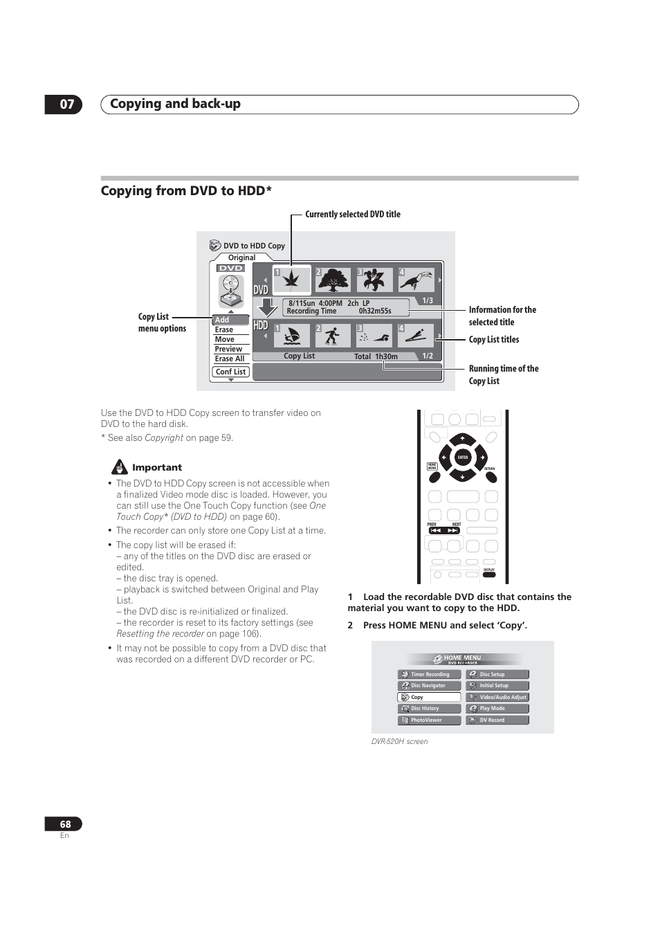 Copying from dvd to hdd, Copying and back-up 07, Dvd hdd hdd | Pioneer DVR-520H User Manual | Page 68 / 126