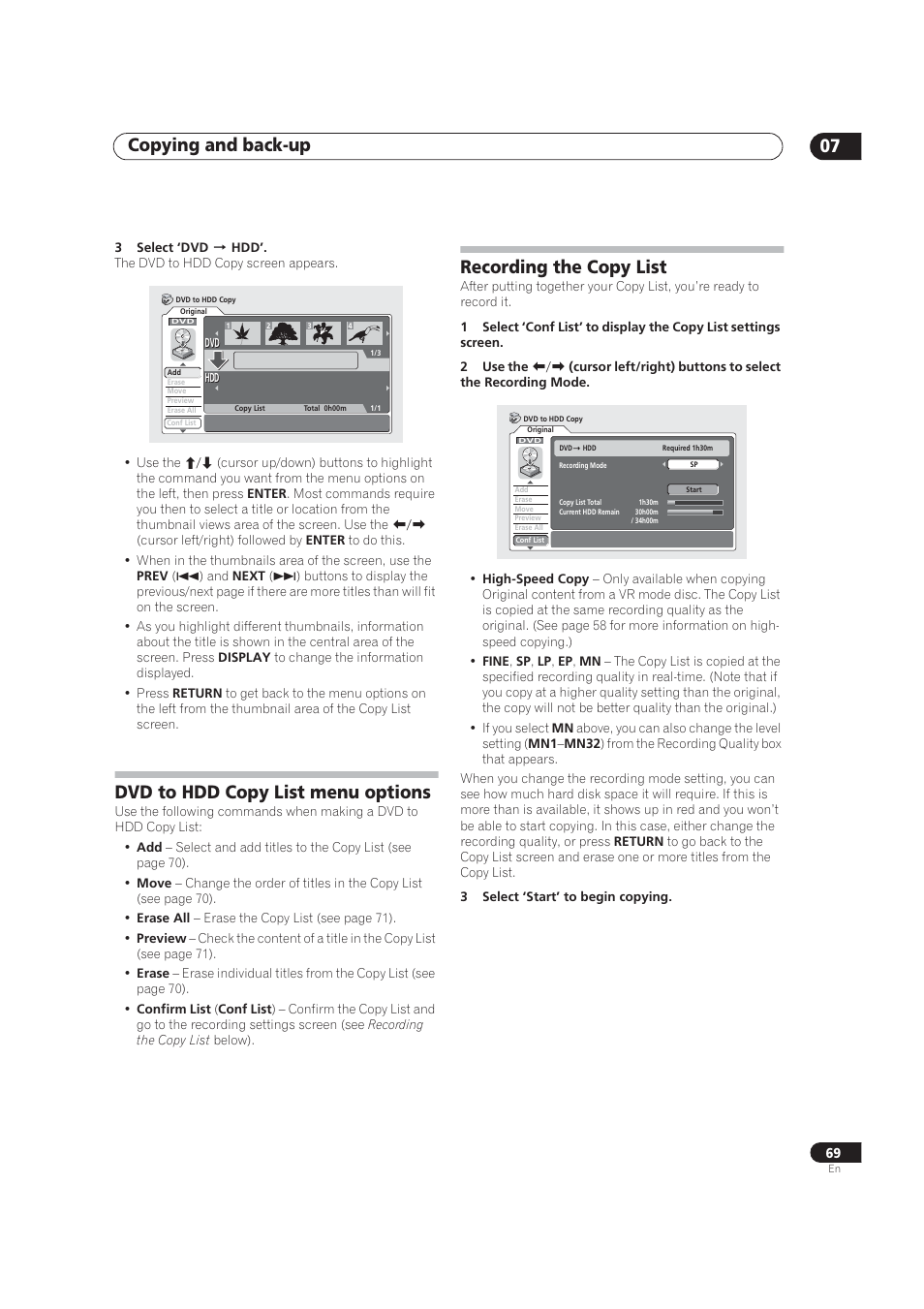 Dvd to hdd copy list menu options, Recording the copy list, Copying and back-up 07 | Pioneer DVR-520H User Manual | Page 69 / 126