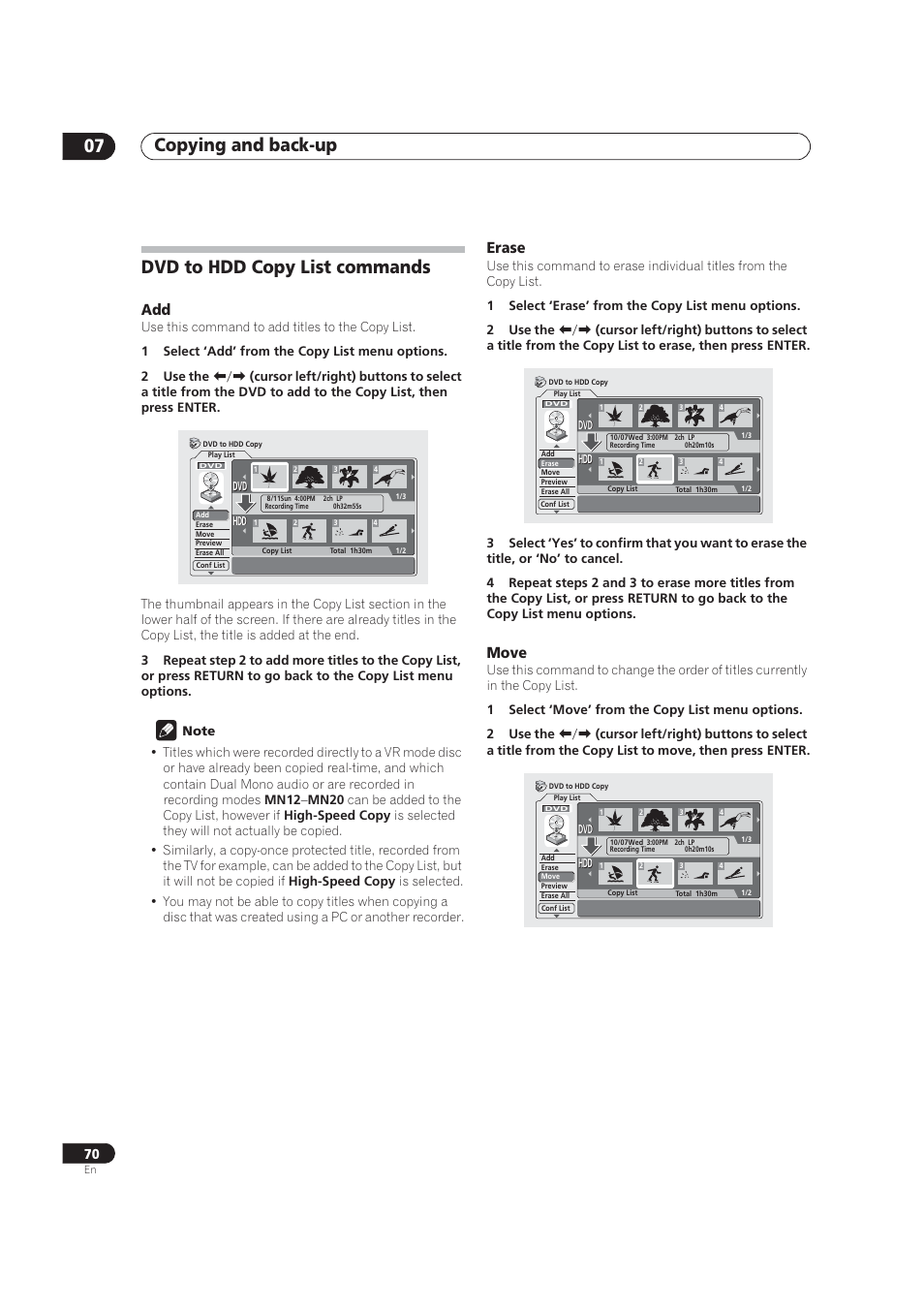 Dvd to hdd copy list commands, Copying and back-up 07, Erase | Move | Pioneer DVR-520H User Manual | Page 70 / 126