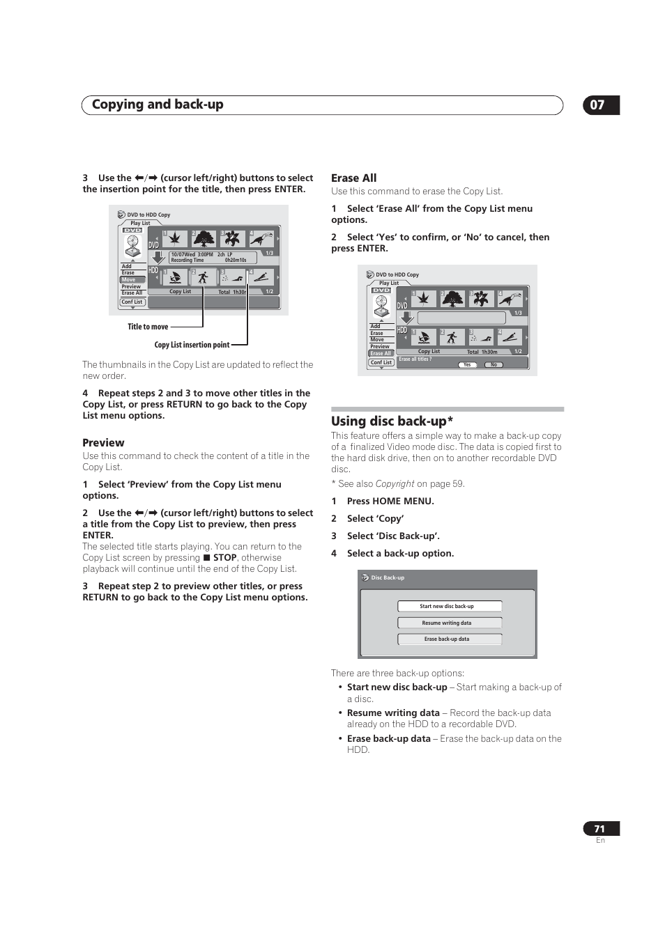 Using disc back-up, Copying and back-up 07, Preview | Erase all | Pioneer DVR-520H User Manual | Page 71 / 126