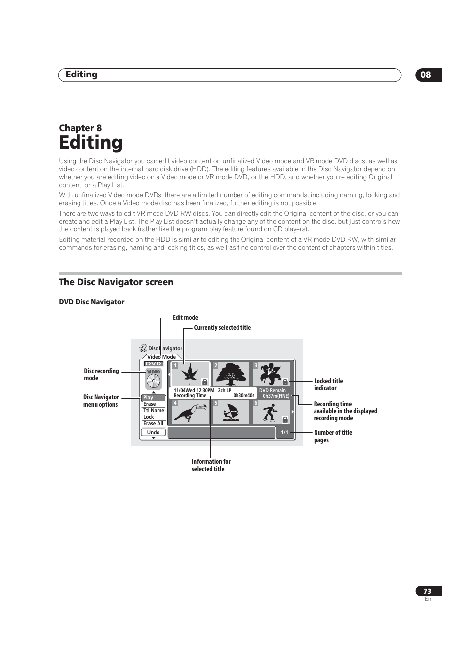 Editing, Disc navigator screen, Editing 08 | Chapter 8, The disc navigator screen | Pioneer DVR-520H User Manual | Page 73 / 126