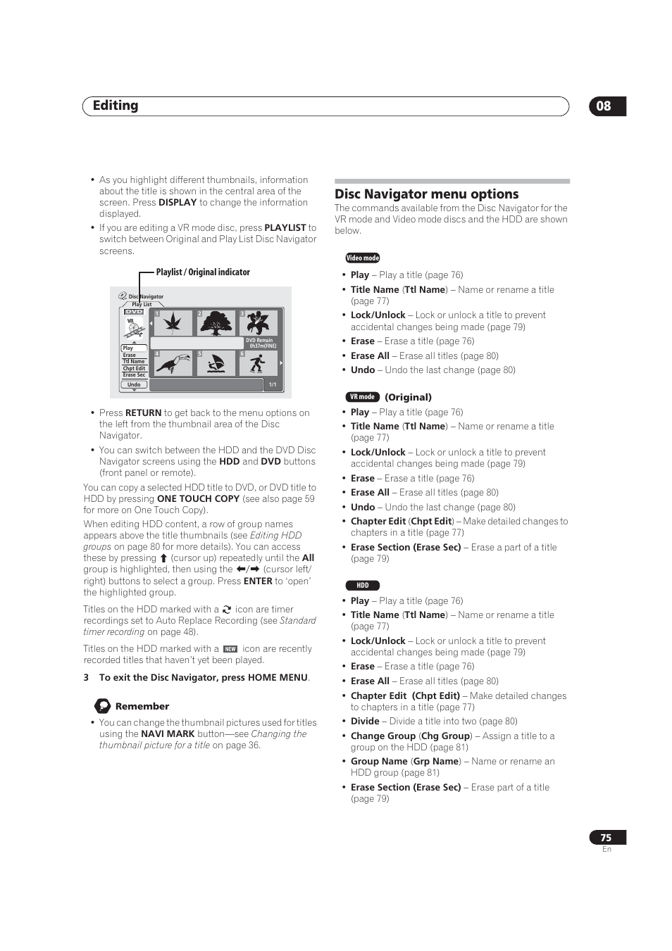 Disc navigator menu options, Editing 08 | Pioneer DVR-520H User Manual | Page 75 / 126