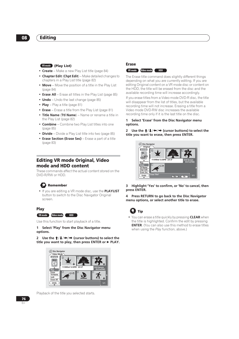Editing 08, Play, Erase | Pioneer DVR-520H User Manual | Page 76 / 126