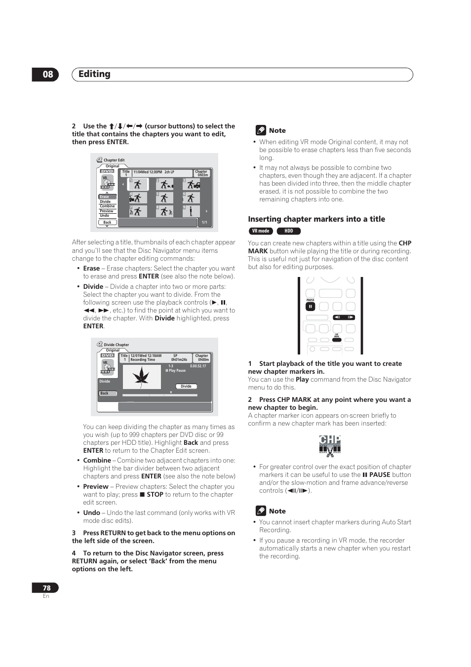 Editing 08, Inserting chapter markers into a title | Pioneer DVR-520H User Manual | Page 78 / 126