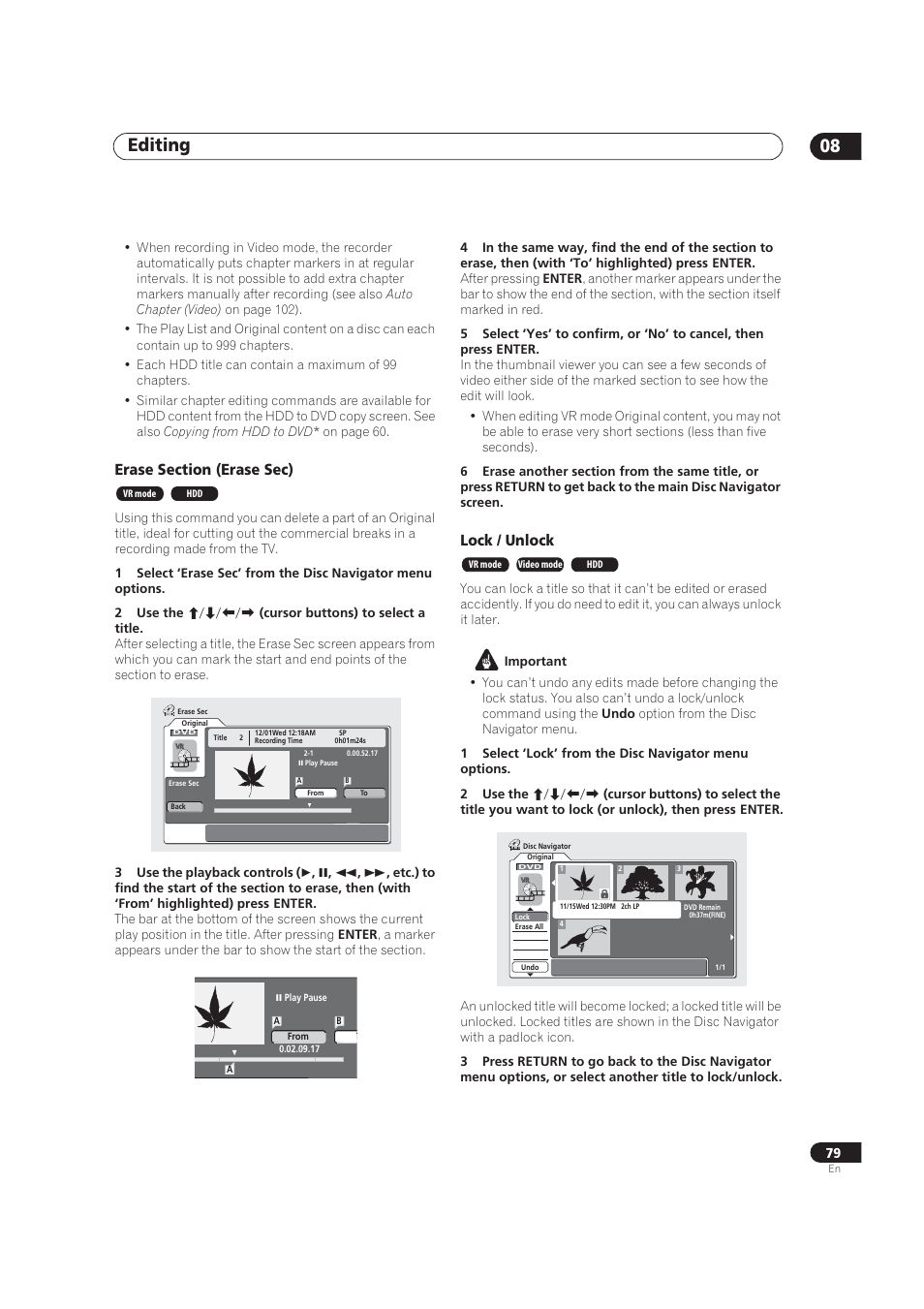 Editing 08, Lock / unlock | Pioneer DVR-520H User Manual | Page 79 / 126