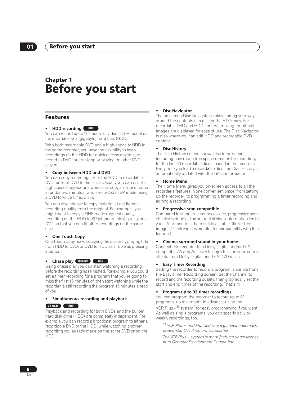 Before getting started, Features, Before you start | Before you start 01, Chapter 1 | Pioneer DVR-520H User Manual | Page 8 / 126