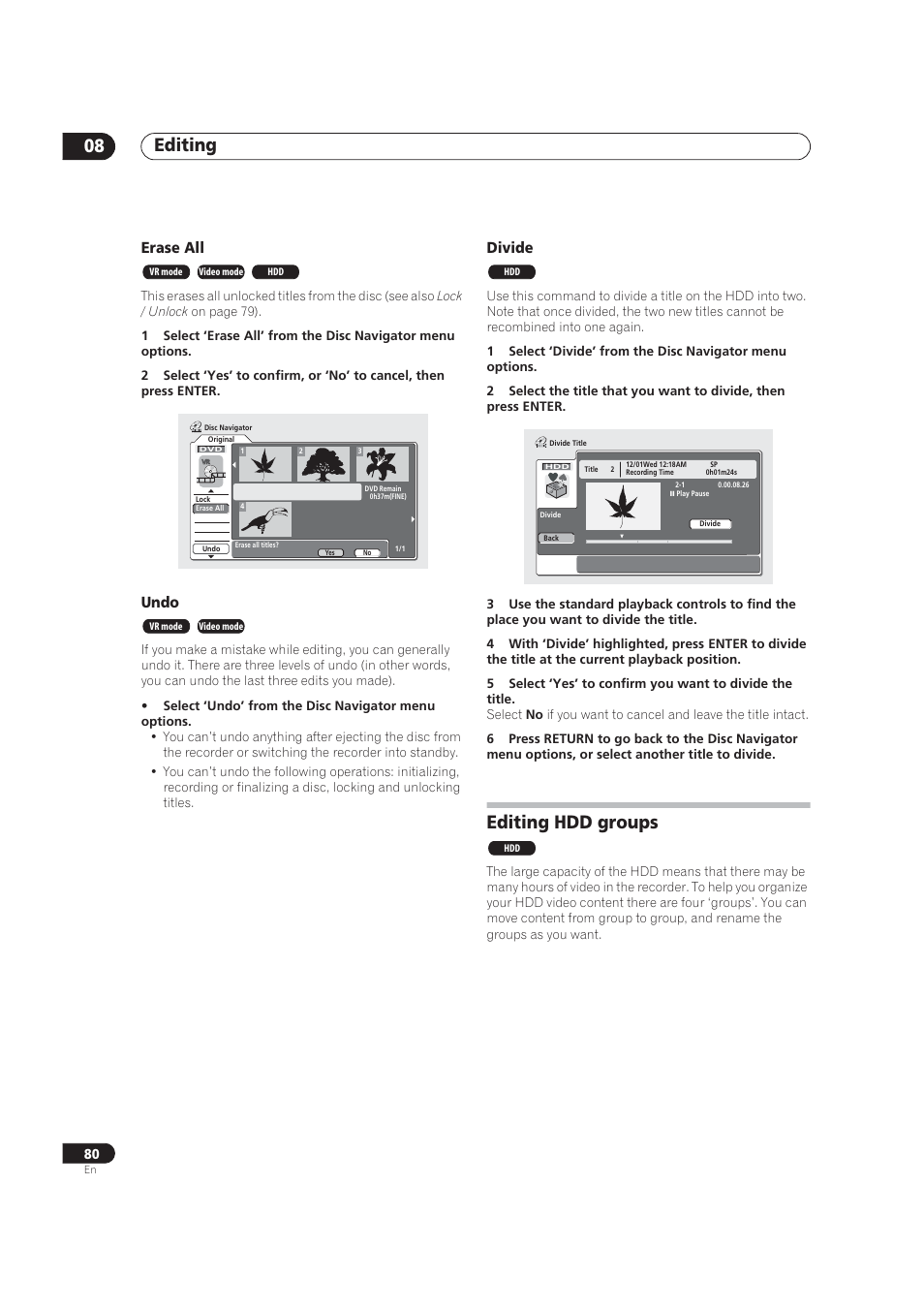 Editing hdd groups, Editing 08, Erase all | Undo, Divide | Pioneer DVR-520H User Manual | Page 80 / 126