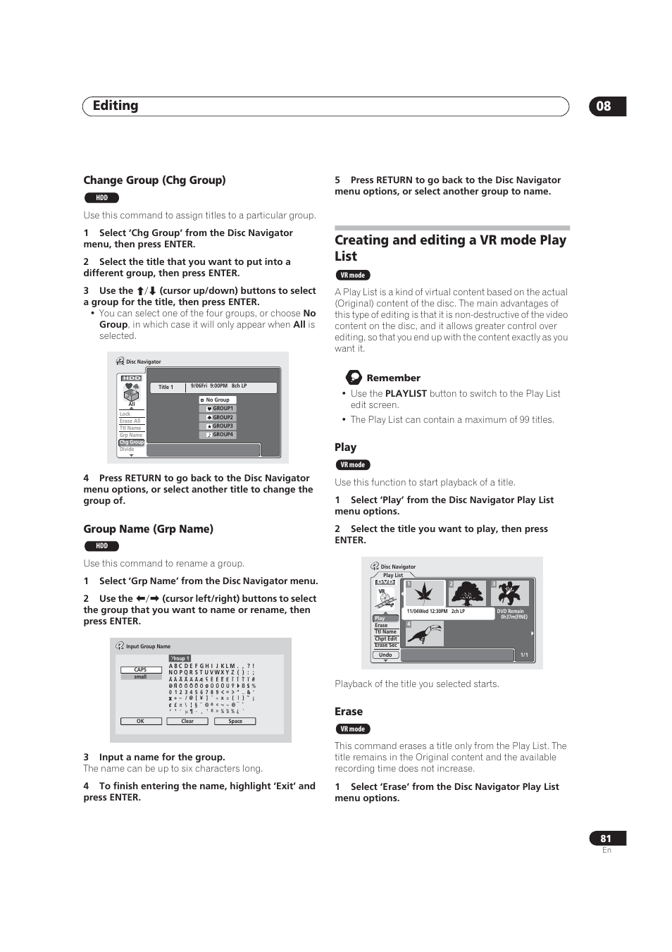 Creating and editing a vr mode play list, Editing 08, Change group (chg group) | Group name (grp name), Play, Erase | Pioneer DVR-520H User Manual | Page 81 / 126