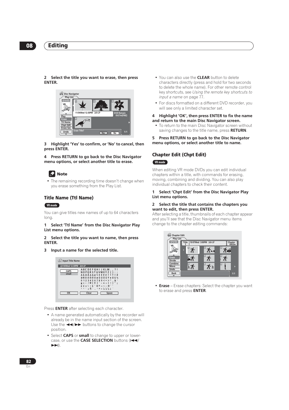 Editing 08, Title name (ttl name), Chapter edit (chpt edit) | Pioneer DVR-520H User Manual | Page 82 / 126