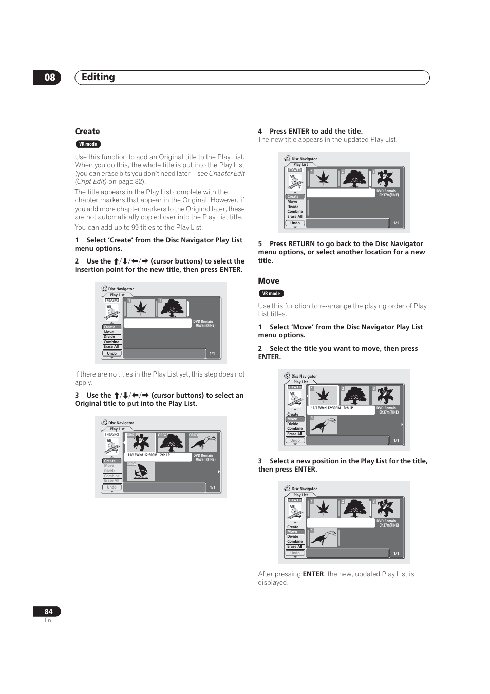 Editing 08, Create, Move | Pioneer DVR-520H User Manual | Page 84 / 126