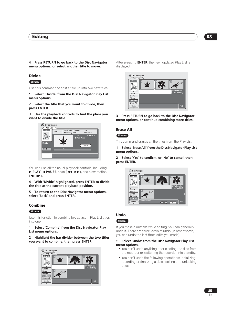 Editing 08, Divide, Combine | Erase all, Undo | Pioneer DVR-520H User Manual | Page 85 / 126