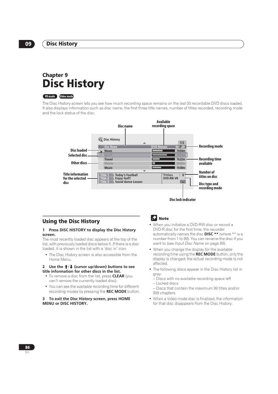 Disc history screen, Disc history, Disc history 09 | Chapter 9, Using the disc history | Pioneer DVR-520H User Manual | Page 86 / 126