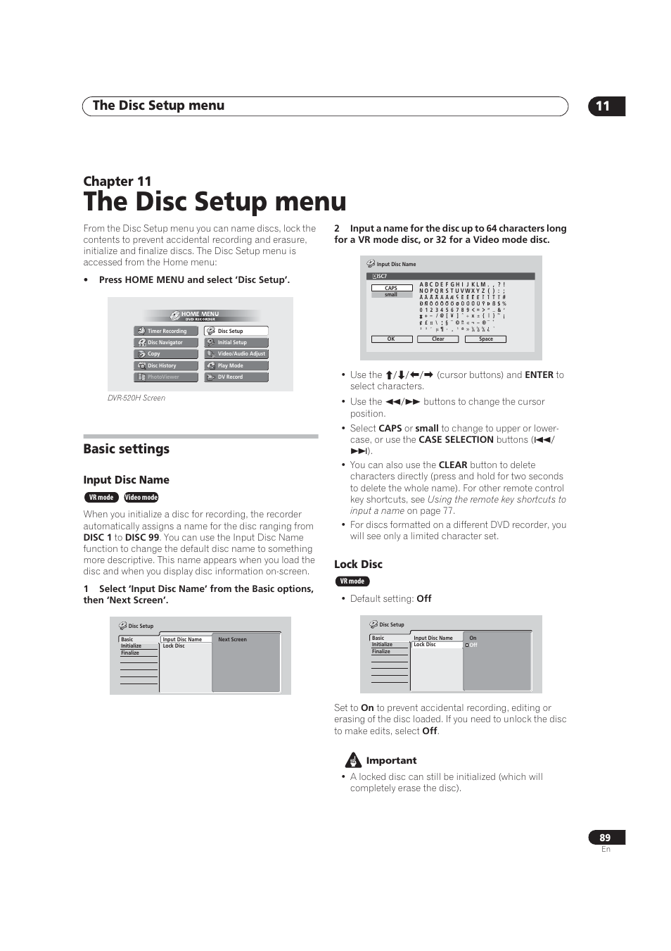 Disc setup menu, Input disc name, Lock disc | The disc setup menu, The disc setup menu 11, Chapter 11, Basic settings | Pioneer DVR-520H User Manual | Page 89 / 126