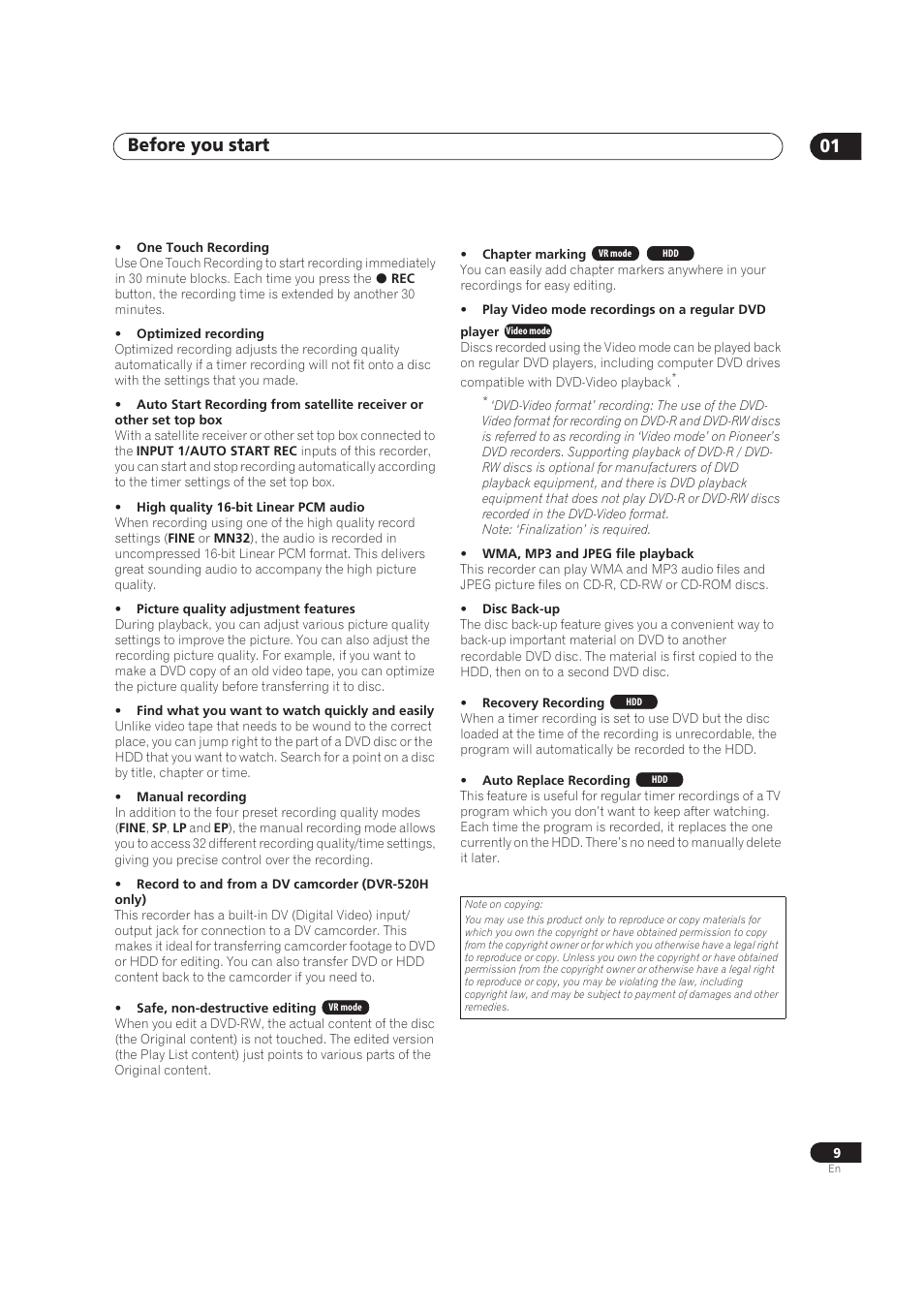 Before you start 01 | Pioneer DVR-520H User Manual | Page 9 / 126