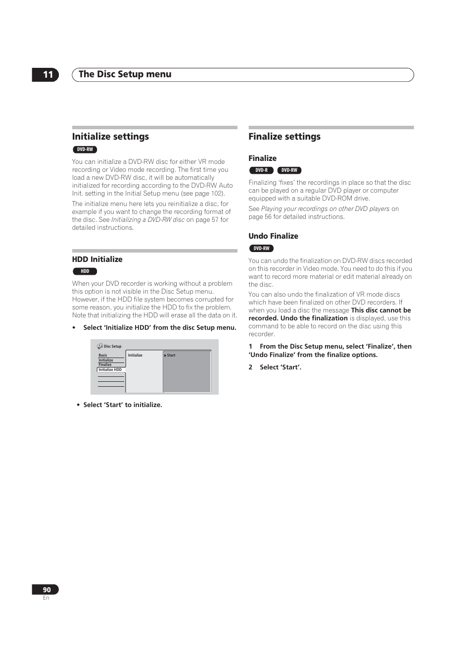 Hdd initialize, Finalize, Undo finalize | The disc setup menu 11, Initialize settings, Finalize settings | Pioneer DVR-520H User Manual | Page 90 / 126