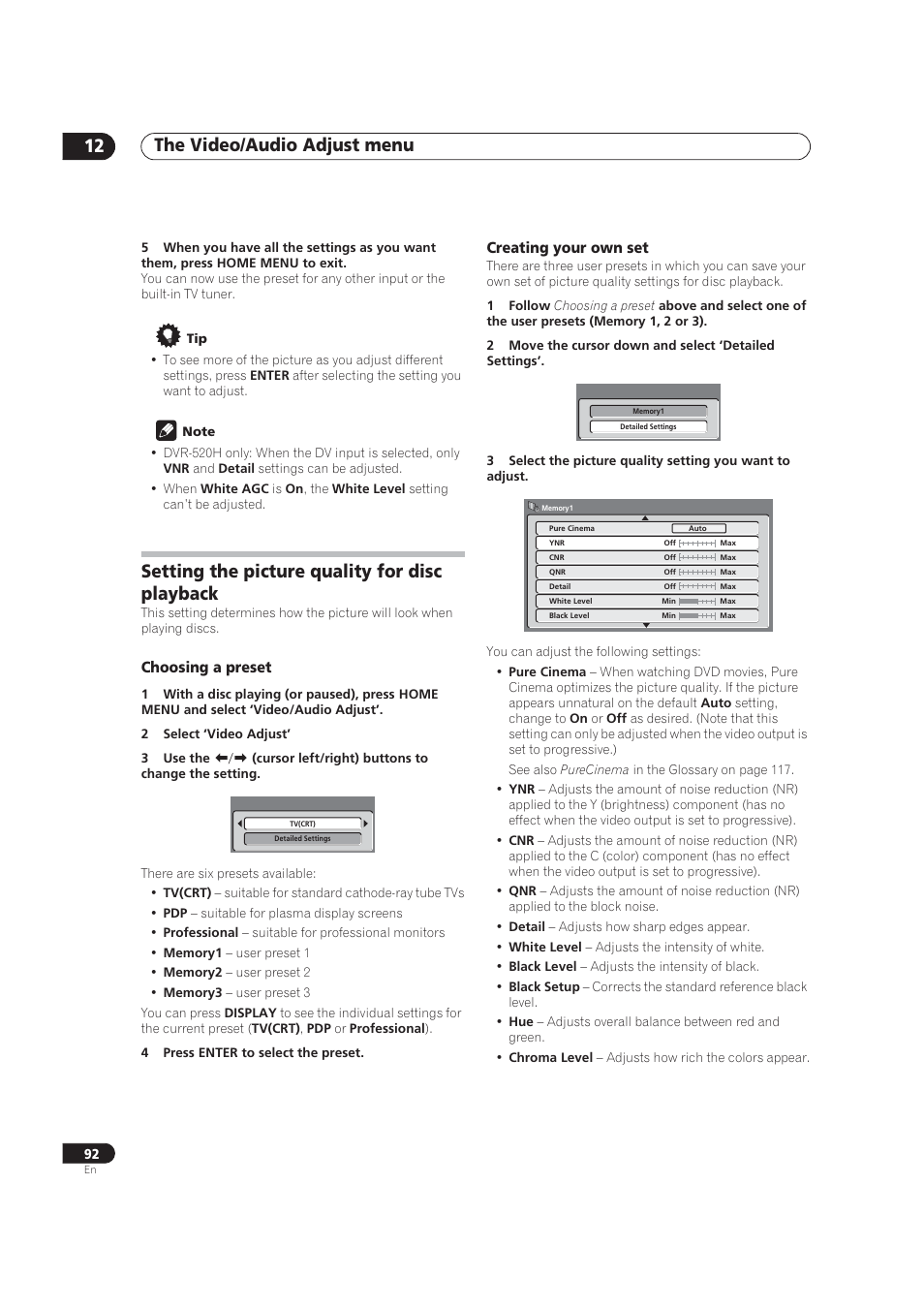 Setting the picture quality for disc playback, The video/audio adjust menu 12, Choosing a preset | Creating your own set | Pioneer DVR-520H User Manual | Page 92 / 126