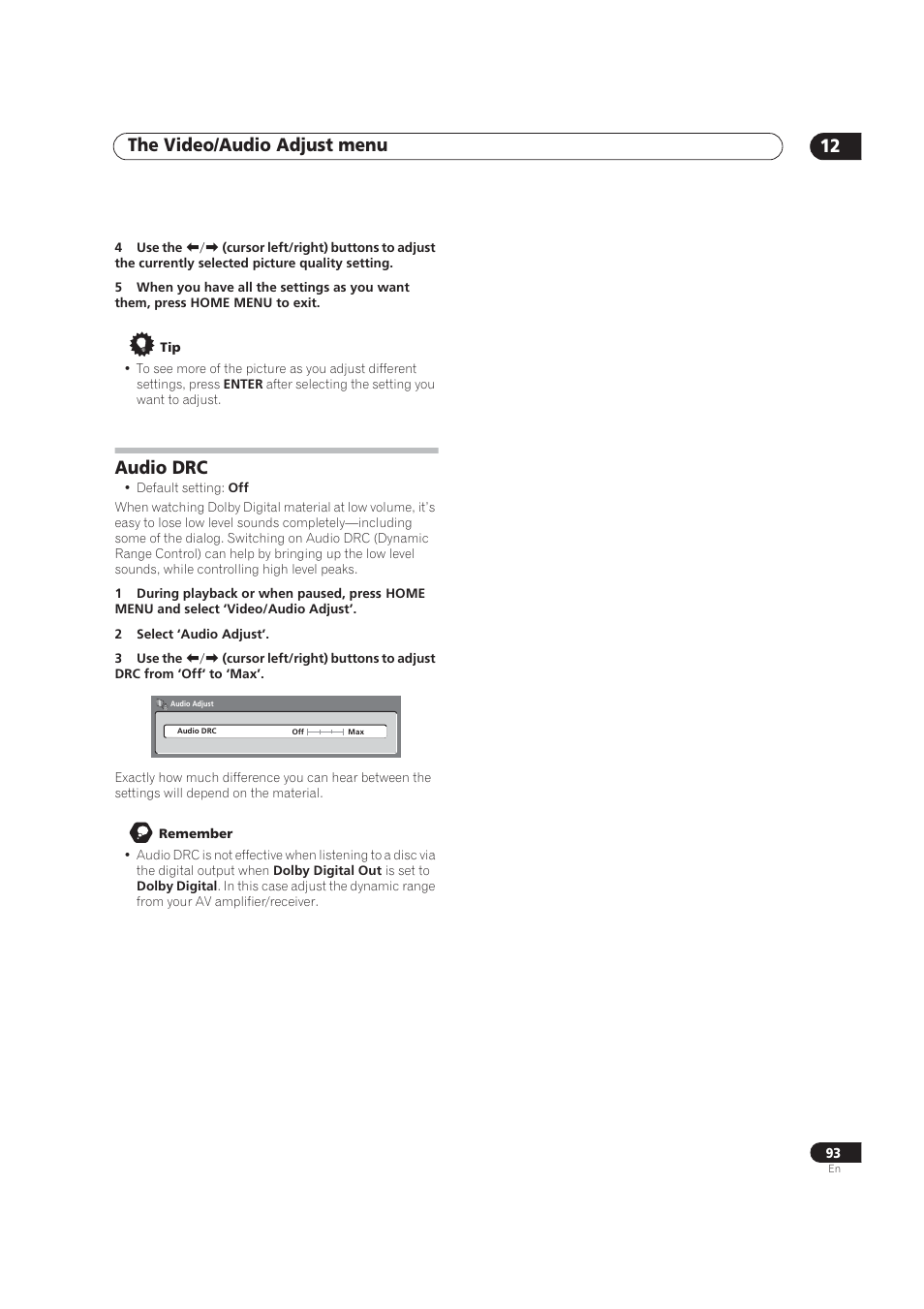 Audio drc, The video/audio adjust menu 12 | Pioneer DVR-520H User Manual | Page 93 / 126