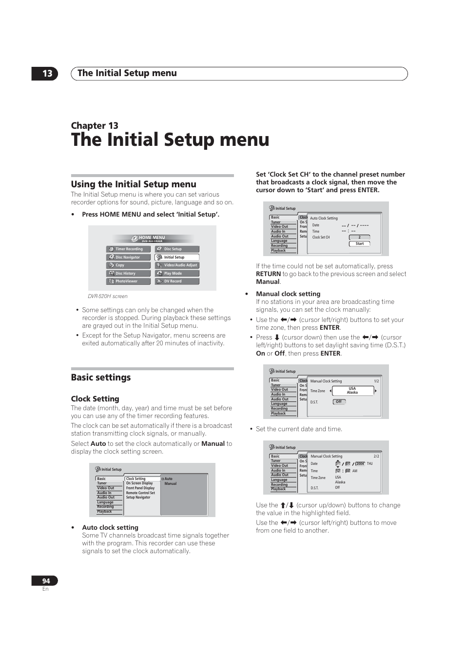 Clock setting, The initial setup menu, Using the initial setup menu | Basic settings, The initial setup menu 13, Chapter 13 | Pioneer DVR-520H User Manual | Page 94 / 126