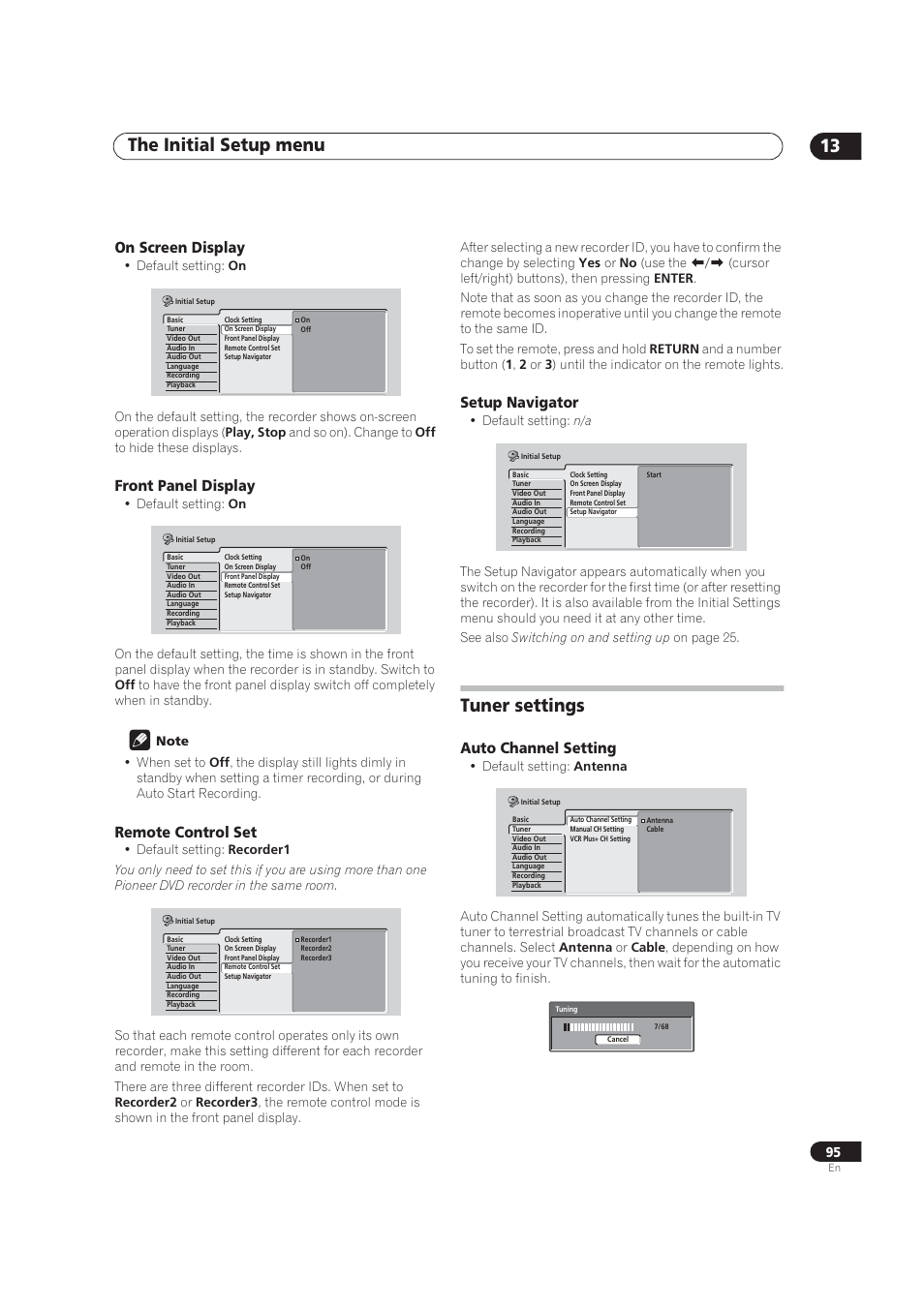 On screen display on / off, Front panel display on / off, Remote control command mode | Setup navigator on / off, Tuner settings, Auto channel setting antenna / cable, The initial setup menu 13, On screen display, Front panel display, Remote control set | Pioneer DVR-520H User Manual | Page 95 / 126