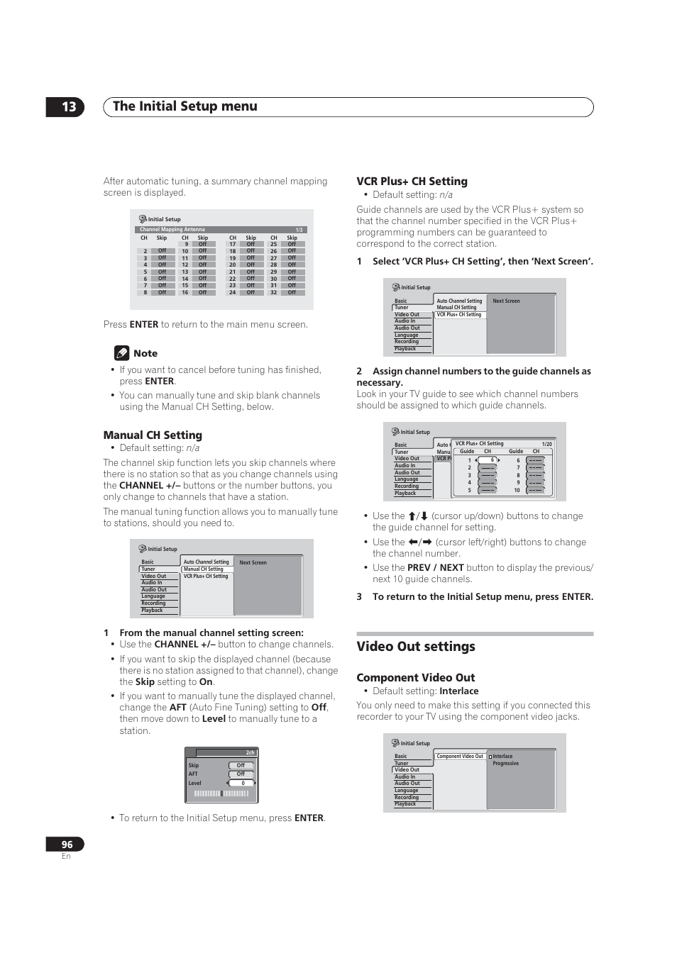 Manual ch setting, Vcr plus+ ch setting, Video out settings | Component video out interlace / progressive, The initial setup menu 13, Component video out | Pioneer DVR-520H User Manual | Page 96 / 126