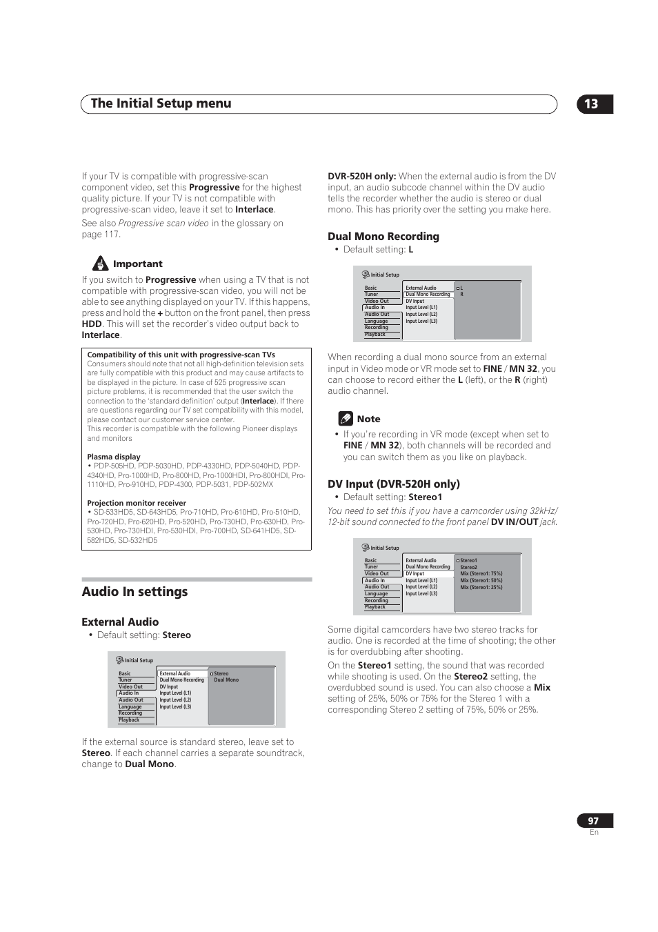 Audio in settings, External audiostereo / dual mono, Dual mono recording left / right | Dv input stereo 1 / stereo 2, The initial setup menu 13, External audio, Dual mono recording, Dv input (dvr-520h only) | Pioneer DVR-520H User Manual | Page 97 / 126