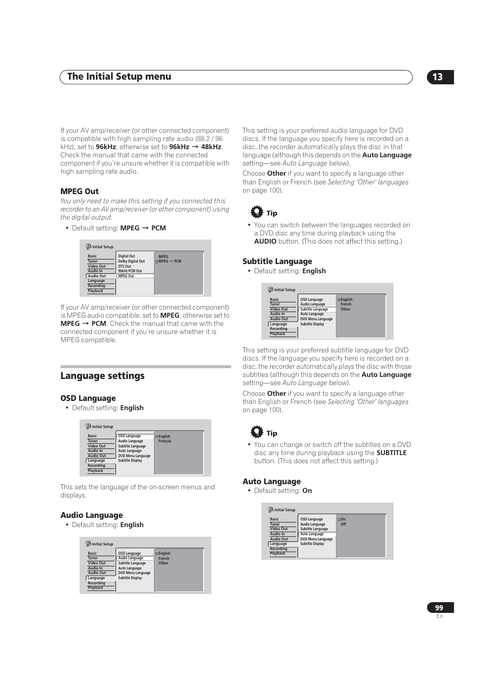 Mpeg out, Language settings, Osd language | Audio language, Subtitle language, Auto language on / off, The initial setup menu 13, Auto language | Pioneer DVR-520H User Manual | Page 99 / 126