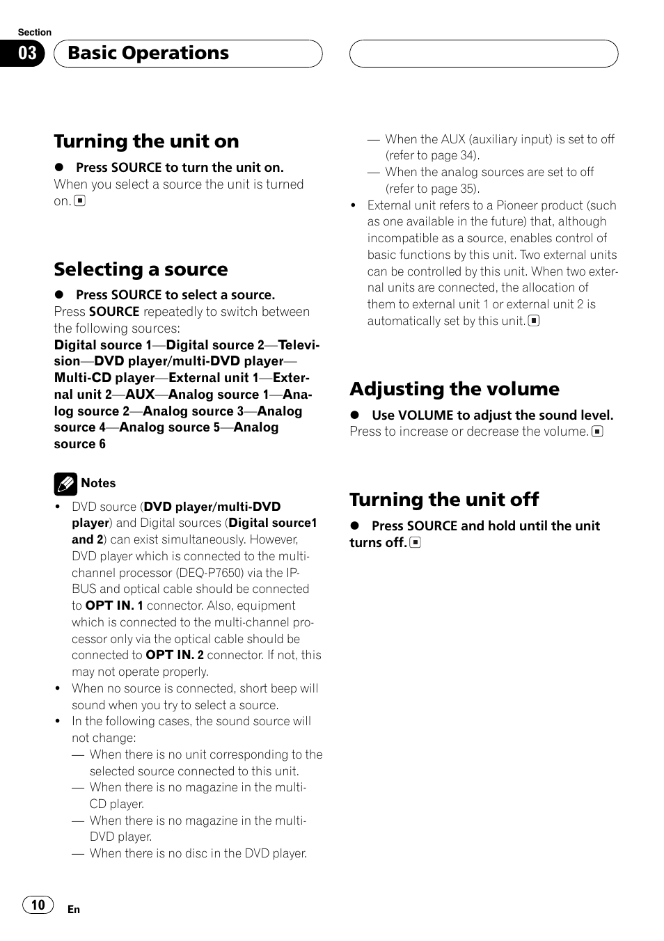 Turning the unit on, Selecting a source, Adjusting the volume | Turning the unit off, Basic operations | Pioneer AXM-P7650 User Manual | Page 10 / 42