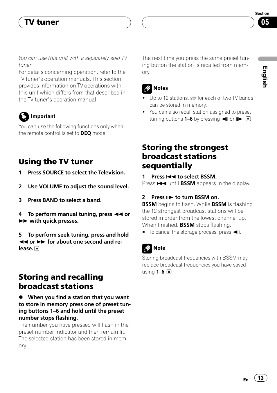 Sequentially 13, Using the tv tuner, Storing and recalling broadcast stations | Tv tuner | Pioneer AXM-P7650 User Manual | Page 13 / 42