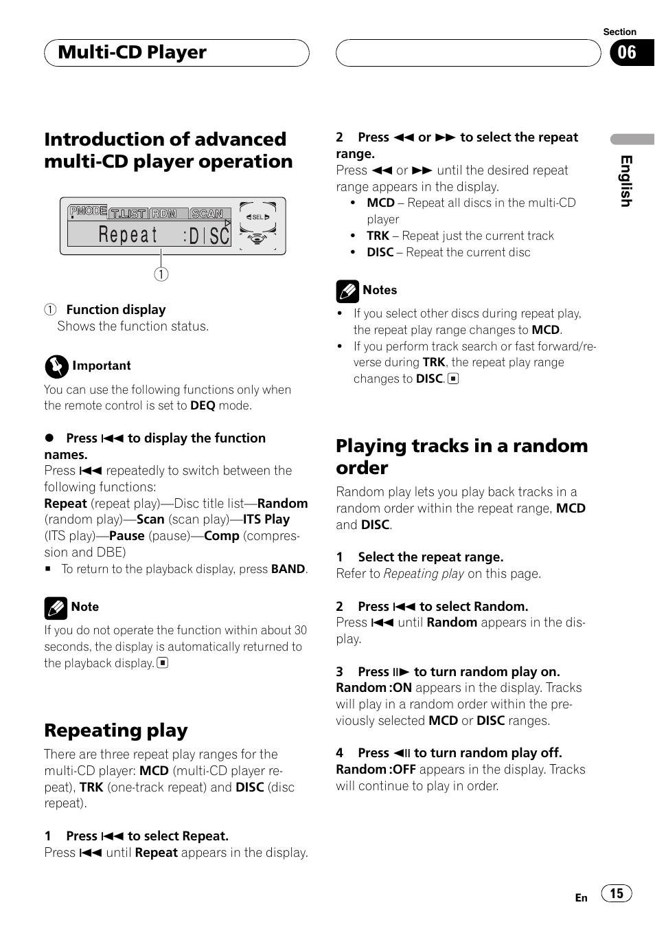 Introduction of advanced multi-cd player, Operation 15, The next | Introduction of advanced multi-cd player operation, Repeating play, Playing tracks in a random order, Multi-cd player | Pioneer AXM-P7650 User Manual | Page 15 / 42